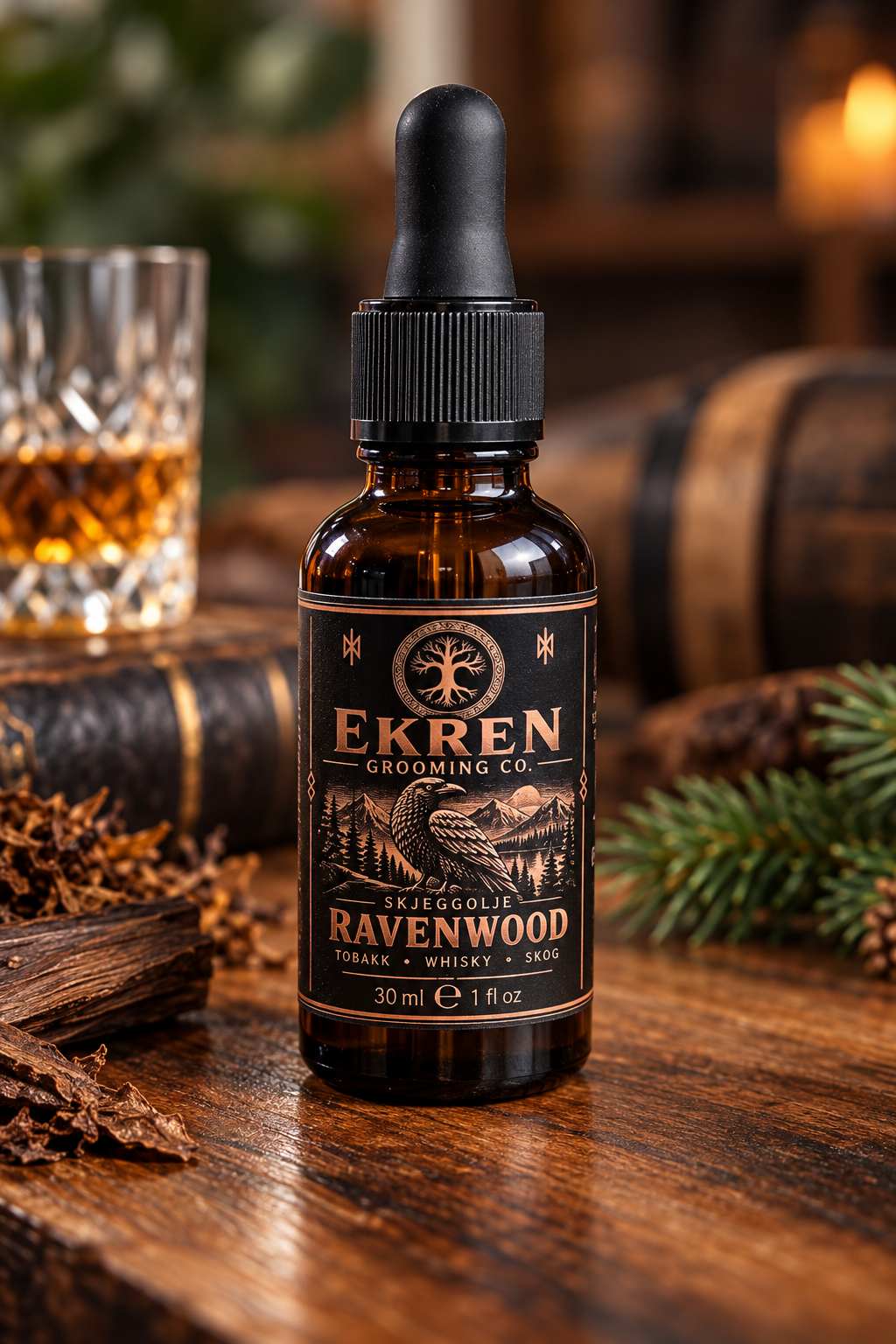 Ekren Ravenwood skjeggolje i 30 ml flaske